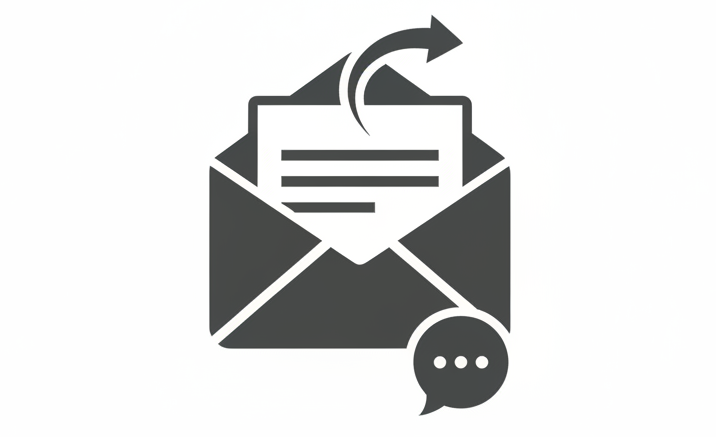 An open envelope containing a letter with a forward arrow and a speech bubble icon in the bottom right corner.
